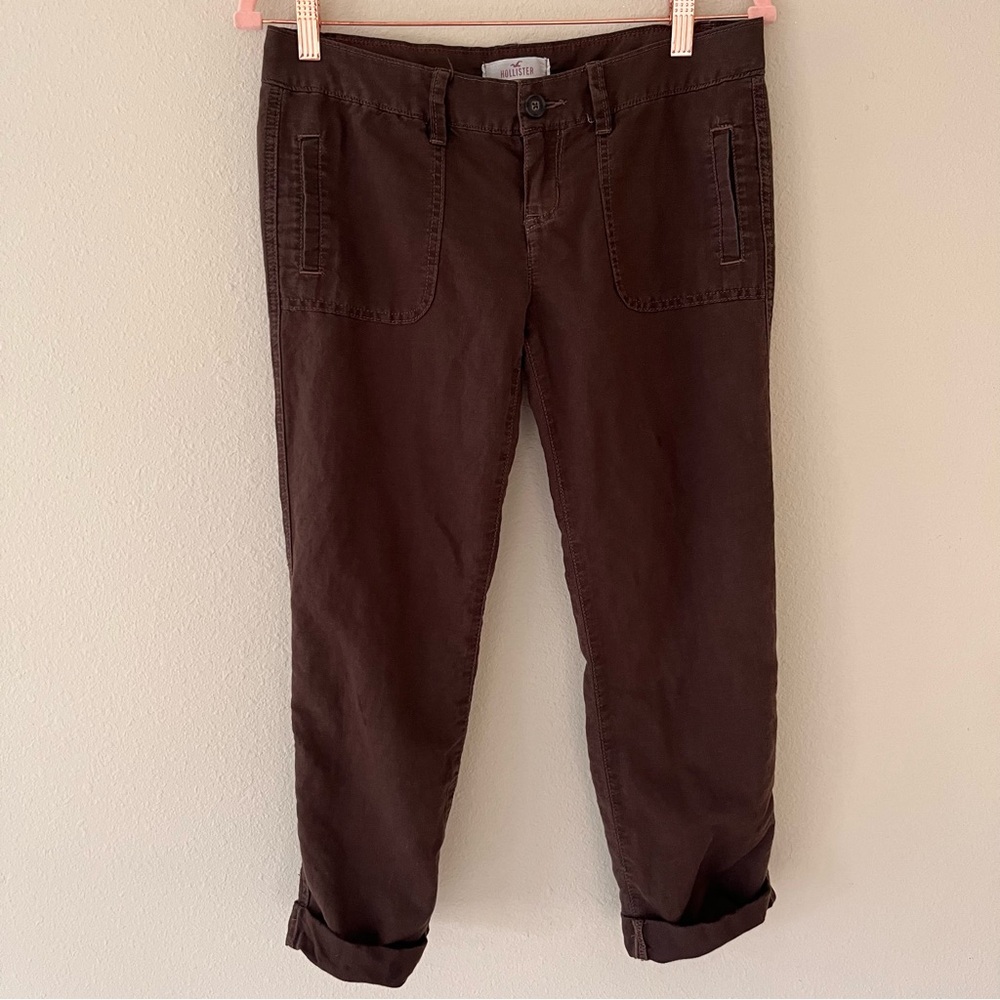 Vintage Y2K Hollister Linen Cargo Capri Pants XS Brown Low Rise Preppy